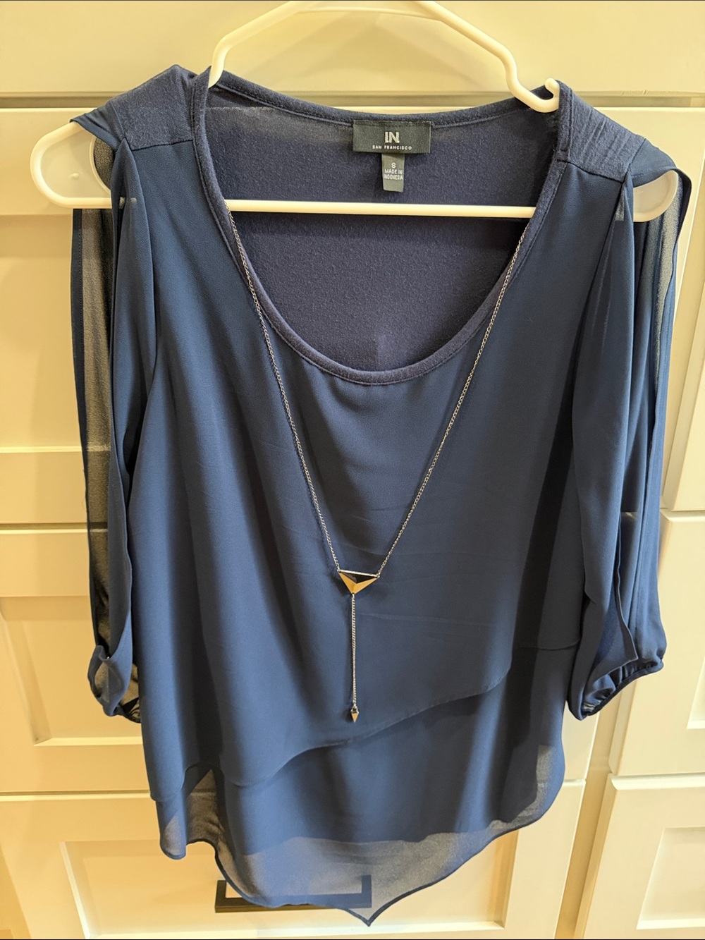 I.N. San Francisco Navy Cold-Shoulder Layered Blouse with Pendant